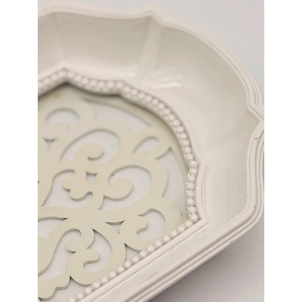 Cream White Metal Scrollwork Mirror Vanity Tray Beaded Edge French Country 15in